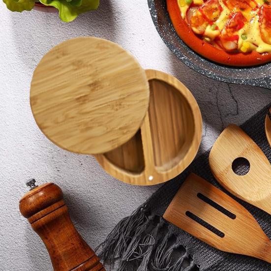 Солонка из бамбука, банка для приправ со встроенными ложками, контейнер для соли для кухни, вращающаяся крышка, коробка для специй для столешницы