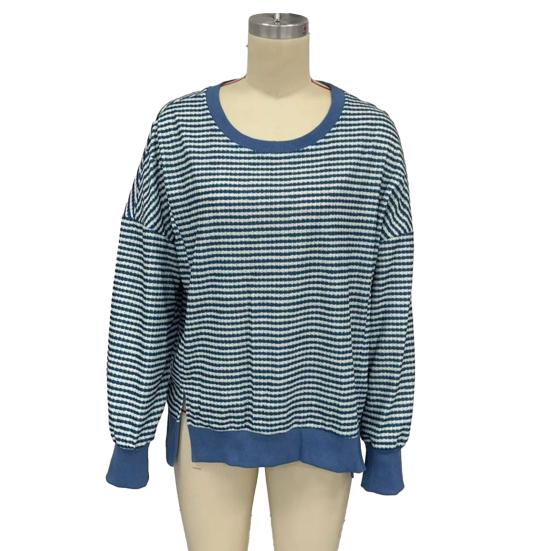 Women Striped Oversized Sweatshirt Long Sleeve Crewneck T-Shirt Split Hem Waffle Knitted Tunic Top Casual Fall Sweater