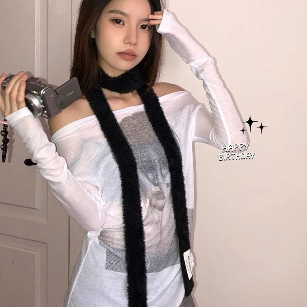 Solid Color Long Strip Scarf Plush Mohair Women Scarf New Y2K Girl Scarf Outdoor