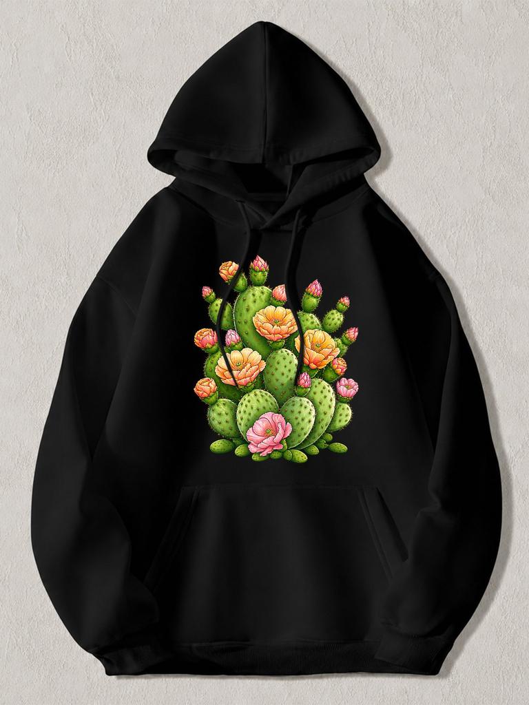 Black Pullover Hoodie with Vibrant Prickly Pear Cactus And Pink Orange Flower Print Casual Long Sleeve Sweatshirt with Kangaroo Po
