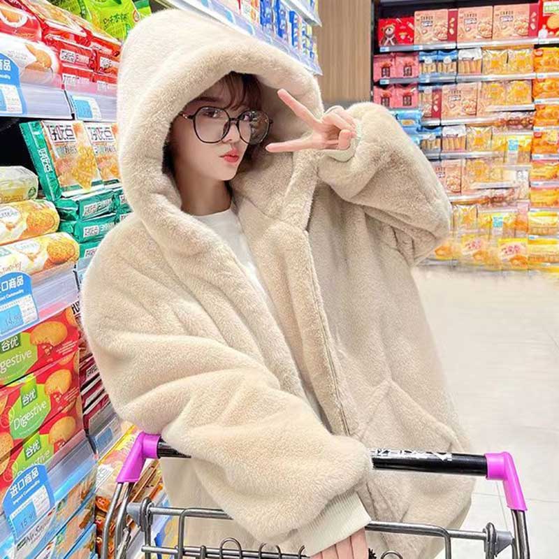 Korean Imitation Rex Rabbit Fur Coats Female Winter Warm Long Thickened Hooded Lamb Wool Cashmere Coat