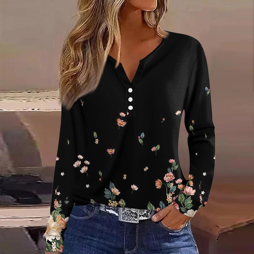 Women's T Shirt Tee Button Long Sleeve Daily Weekend Fashion Basic V- Neck Regular Top