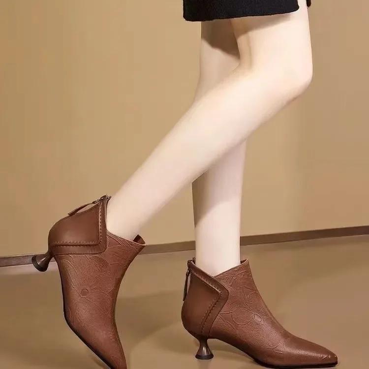 Модные женские сапоги с острым носком, украшенные резными цветами, на каблуках, на молнии, дизайнерские женские сапоги на каблуках в стиле вестерн, удобные туфли-лодочки в стиле ретро Botas Mujer