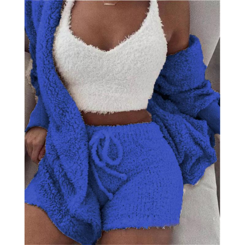 Women's Winter Plush Home Clothes Casual 2-Piece Pajamas Long-Sleeved Shorts Sports Suit for Women