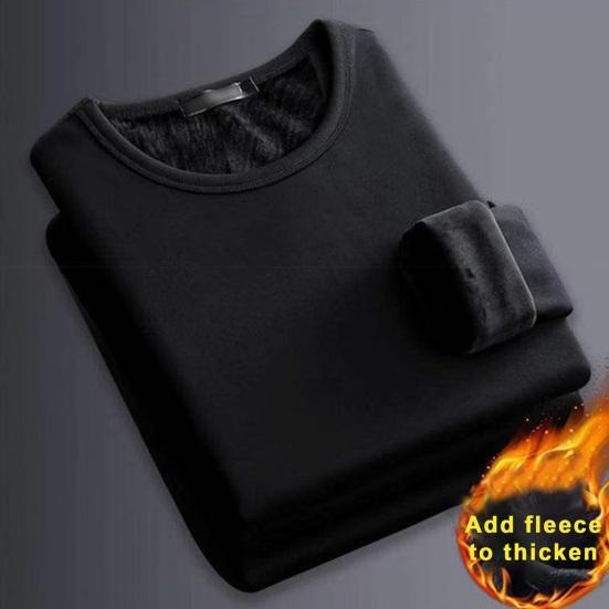 Men Fall Winter Shirt Thickened Plush Warm Soft O Neck Elastic Long Sleeve Solid Color Pullover Plus Size Daily Bottoming Top Underwear
