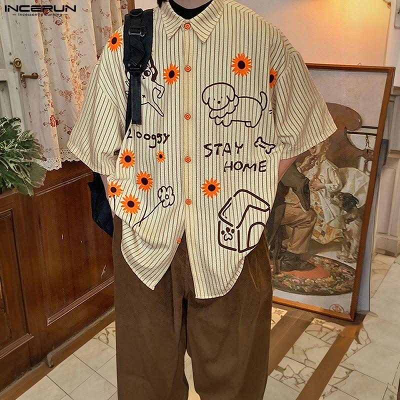 INCERUN Мужские свободные рубашки оверсайз с отложным воротником, коротким рукавом и мультяшным принтом, повседневные.