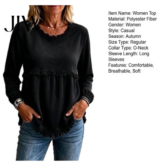 Pullover Top with Tassels Women Fall O-Neck Shirt, Loose Fit Casual Fringe Blouse, Solid Blouse Color Ruffle Long Sleeve Skin Friendly Tops