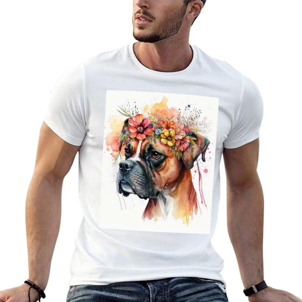 Boxer Dog in Watercolor Floral Crown Illustration TShirt Basic Solid Color Short Sleeve TShirt