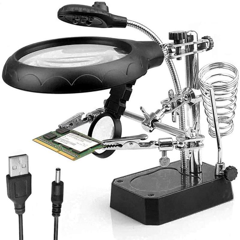 Welding Magnifying Glass LED Light Auxiliary Clip loupe Magnifier 3 In1 Hand Soldering Solder Iron Stand Holder Station