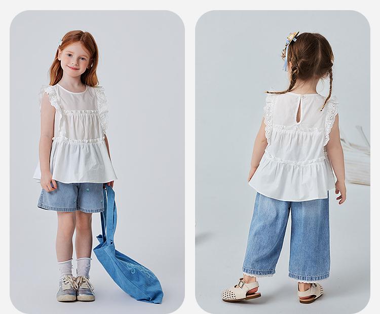 [Pure Cotton] Mini Balabala Girls' Short Sleeve Shirt Sweet Short Sleeve Lace Top 2026 Summer