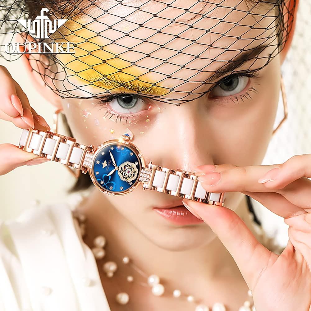 OUPINKE Автоматические Механические Ручные Нержавеющая Сталь 5 АТМ Водонепроницаемые Японские Золотые Синие Женские Часы, Часы, Высококачественная Сталь, Устойчивые, Механизм, &