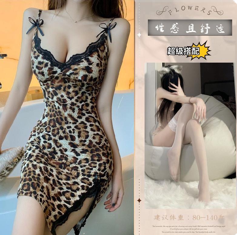Sexy lingerie leopard print suspender nightgown passion seduction lace bed flirting suit flirting lingerie