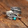 Западные кольца из бирюзы для женщин, регулируемое кольцо с зеленым камнем и перьями, ретро-открытое кольцо для мамы, жены, дочери