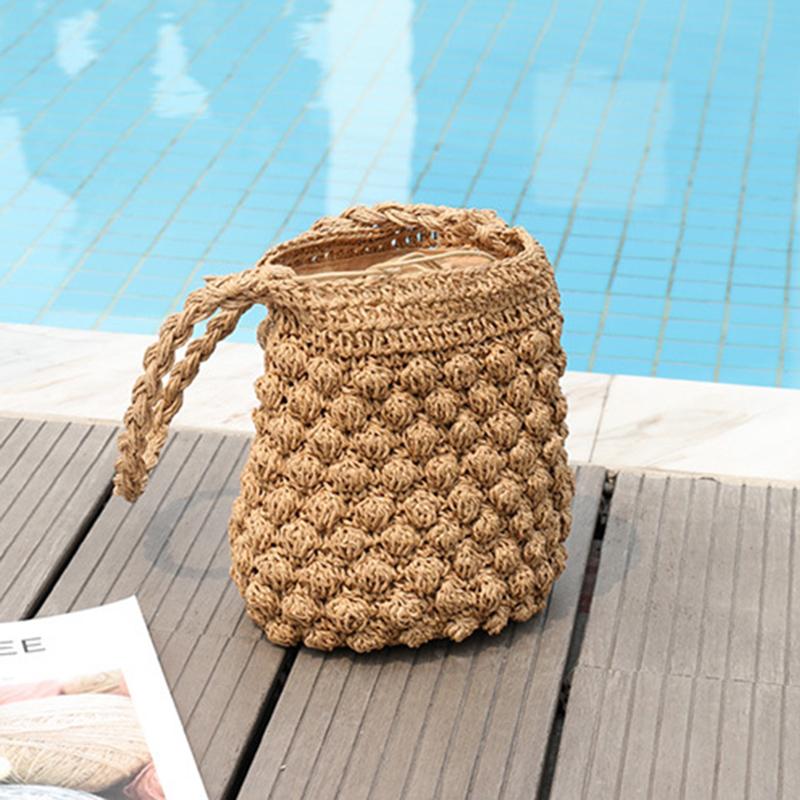 Yogodlns Summer Straw Shoulder Bag Women Large Capacity Rattan Bucket Bag Handmade Woven Beach Bag