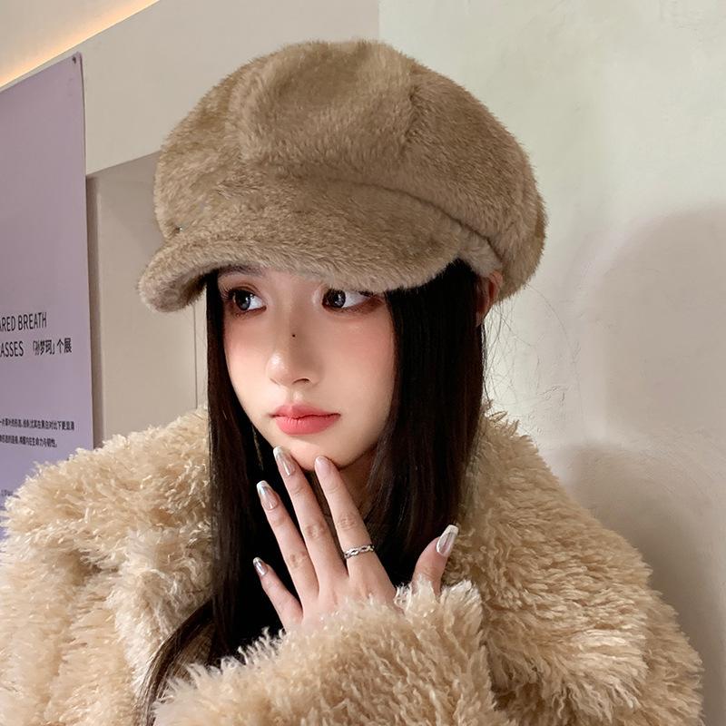 Beret Women's Winter Thickened Warm Cap Plush Cap Fashion Octagonal Hat
