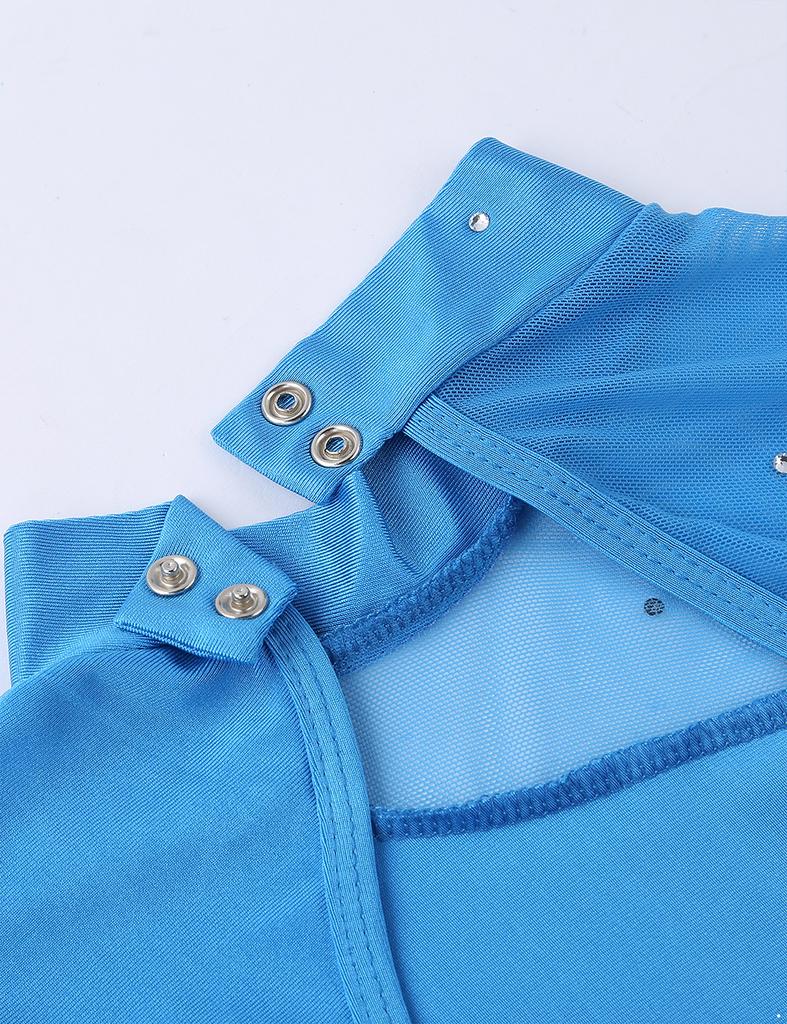 Детское стильное танцевальное платье для девочек, блестящее платье-купальник с длинными рукавами и стразами и вырезами на спине