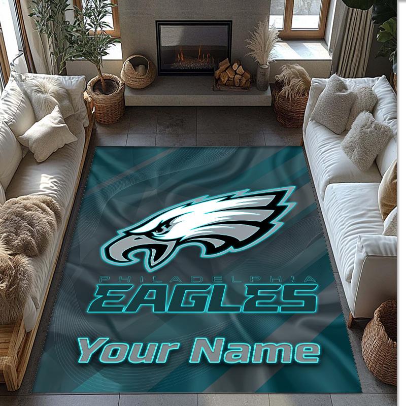 Philadelphia Eagles Crystal Velvet Rug, Custom Name Text Personalized Non‑Slip Floor Mat for Home Decor Gift