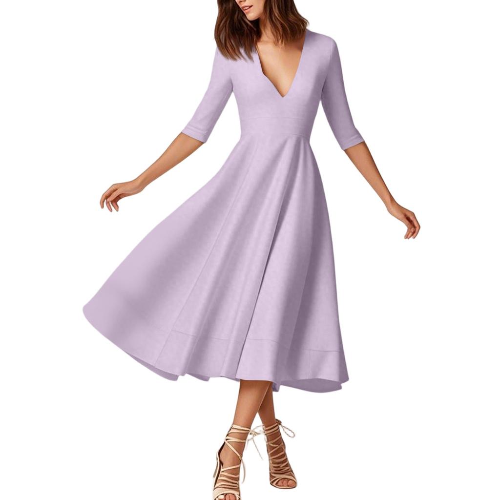 Женское модное платье средней длины со средним рукавом, сексуальное платье с V-образным вырезом