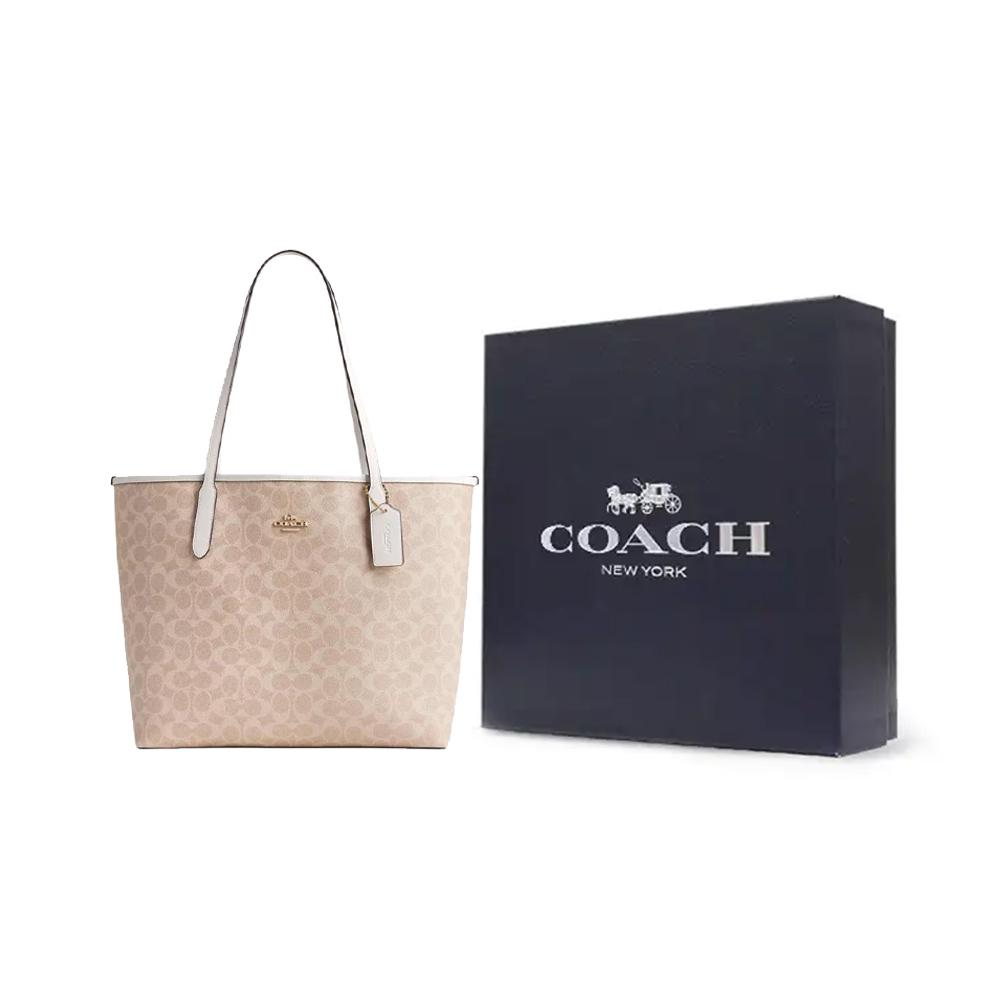 Coach Город 33 Классическая сумка-тоут с монограммой и застежкой-кнопкой Женская сумка-тоут Бежевая CV976-IMXDM