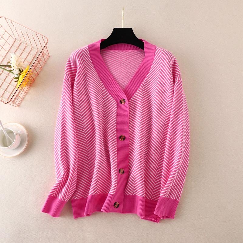 Autumn Women's Cardigan Sweater Women V-Neck Color Collision Loose Striped Sweater Jacket Long Sleeve Top