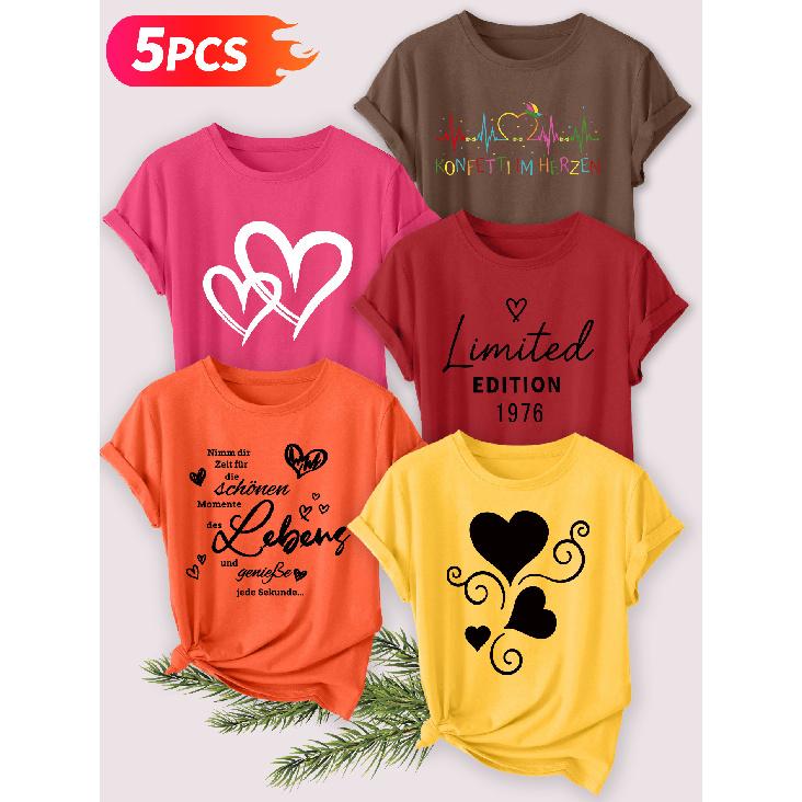 Five-piece set Elegant short-sleeved shirt for women Heart-shaped German series printed round-neck women's short-sleeve shirt suitable for spring and