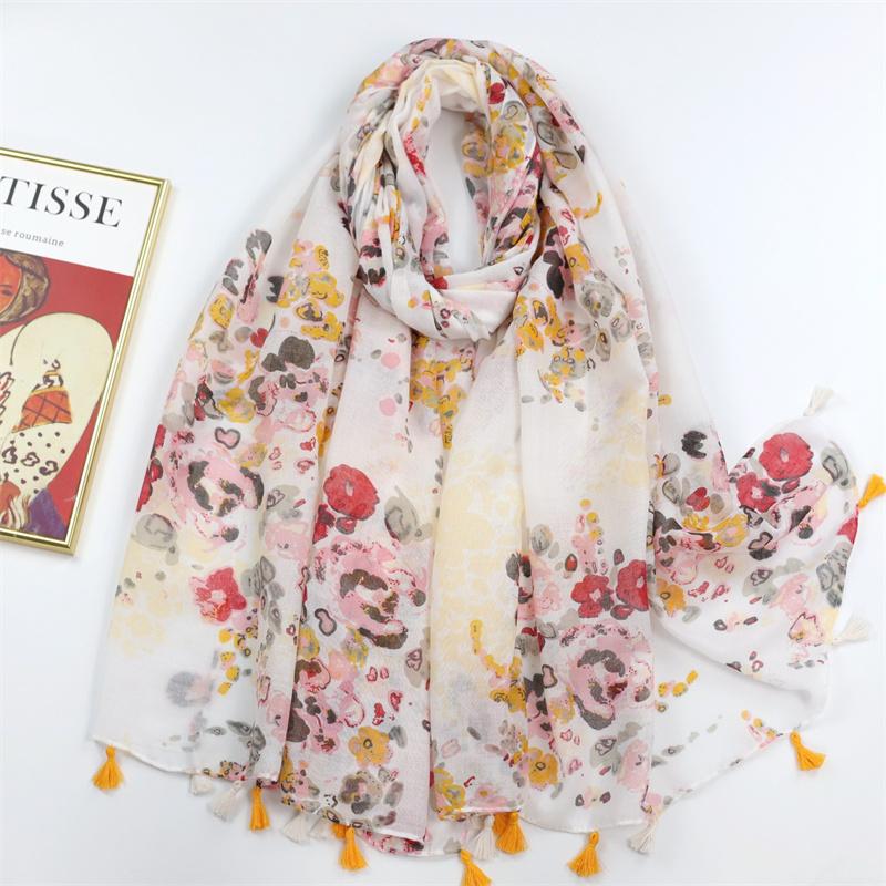 Spain Lovely Poppy Floral Tassel Viscose Shawl Scarf Lady High Quality Wrap Thin Headband Bufandas Muslim Hijab Sjaal 180*90Cm