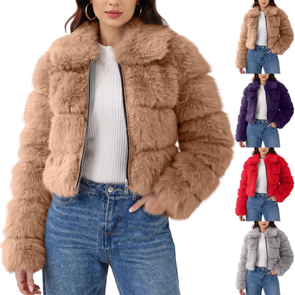 Women's Fashionable Warm Long Sleeve Solid Color Furry Collar Coat