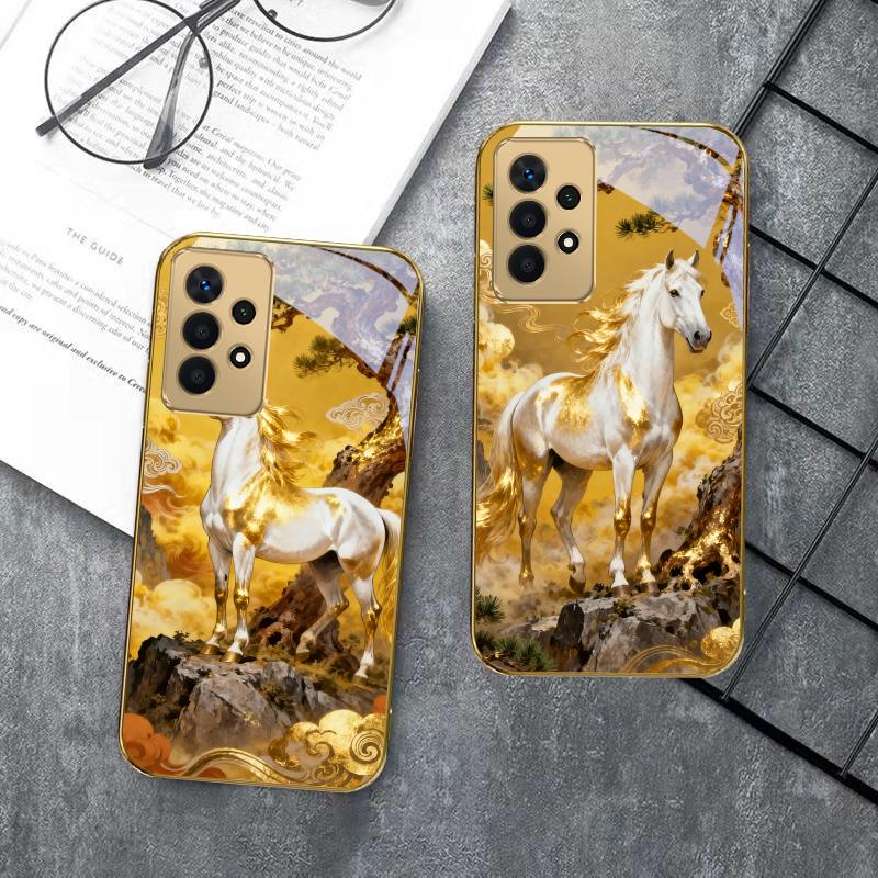 Высокая и крепкая лошадь Для Samsung A 01 52S A04 A05S A10 A12 A13 22 23 24 36 42 M02 Note 10 20Ultra 8 9 Золотой стеклянный чехол для телефона