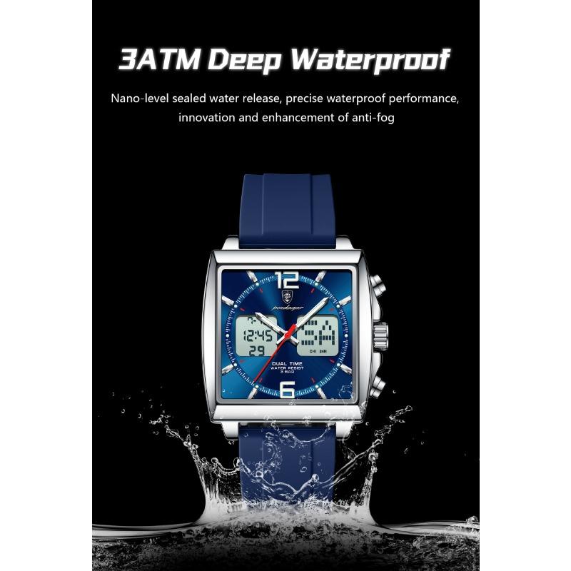 POEDAGAR Luxury Top Man Watch Electronic Square LED Alarm Chronograph Watches Week Date Dual Time Display Quartz Clock