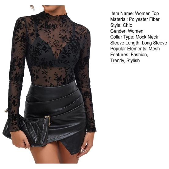 Женский топ с длинным рукавом из сетки с воротником-стойкой, цветочная полупрозрачная рубашка, сексуальная блузка для вечеринки, клуба, ночного выхода