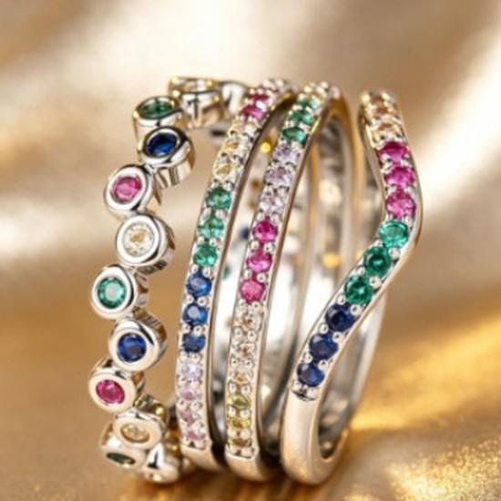 Fashionable colorful zircon stacked ring set Multi-style thin ring set with four pieces