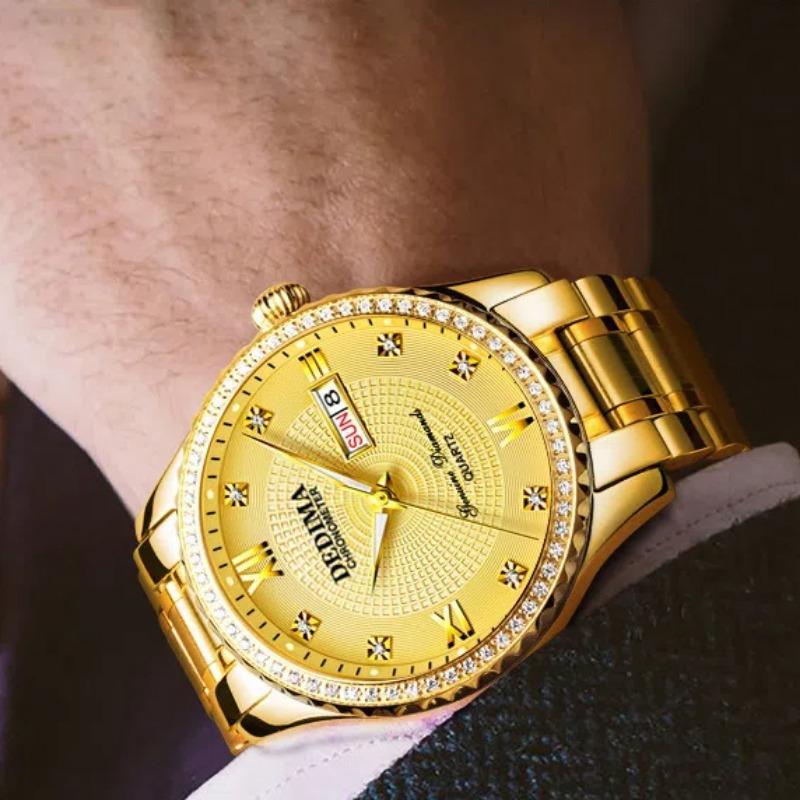 High Quality Luxury Business Diamond All Gold Watch Double Calendar Solid Stainless Steel Butterfly Buckle Men's Waterproof Luminous Quartz Watch