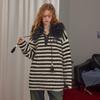 unifree Women's Striped Lapel Knit Sweater with Fur Collar & Tie-Up