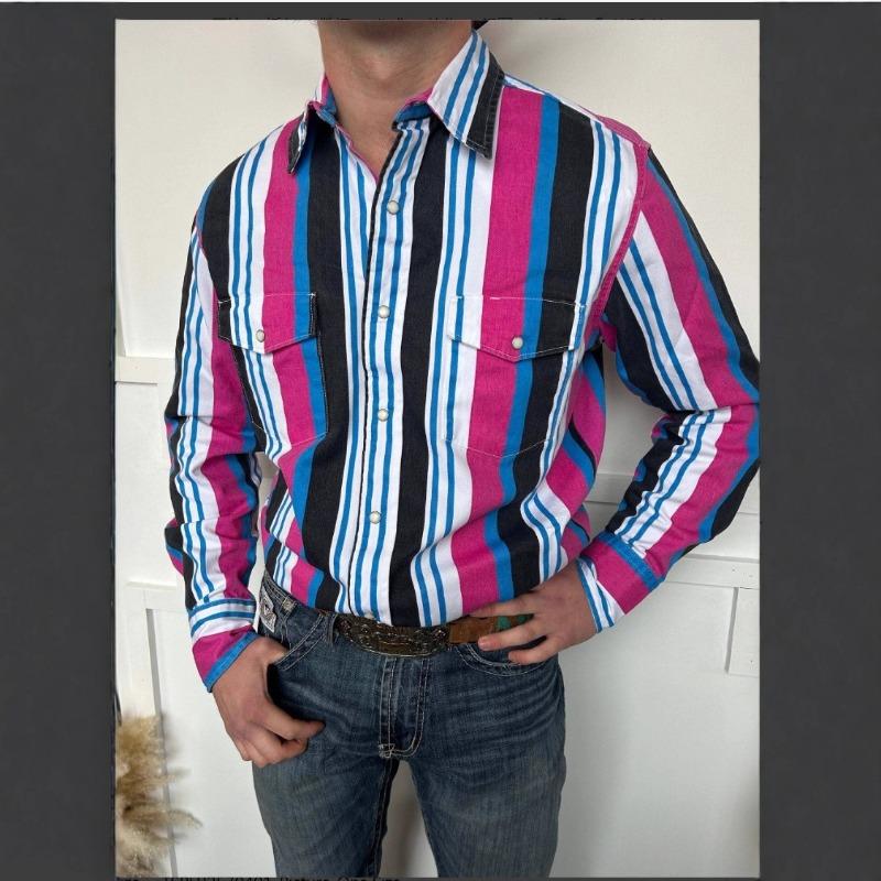 Men's Retro Western Striped Shirt Casual Short Sleeve Button-Up Cowboy Style Shirt