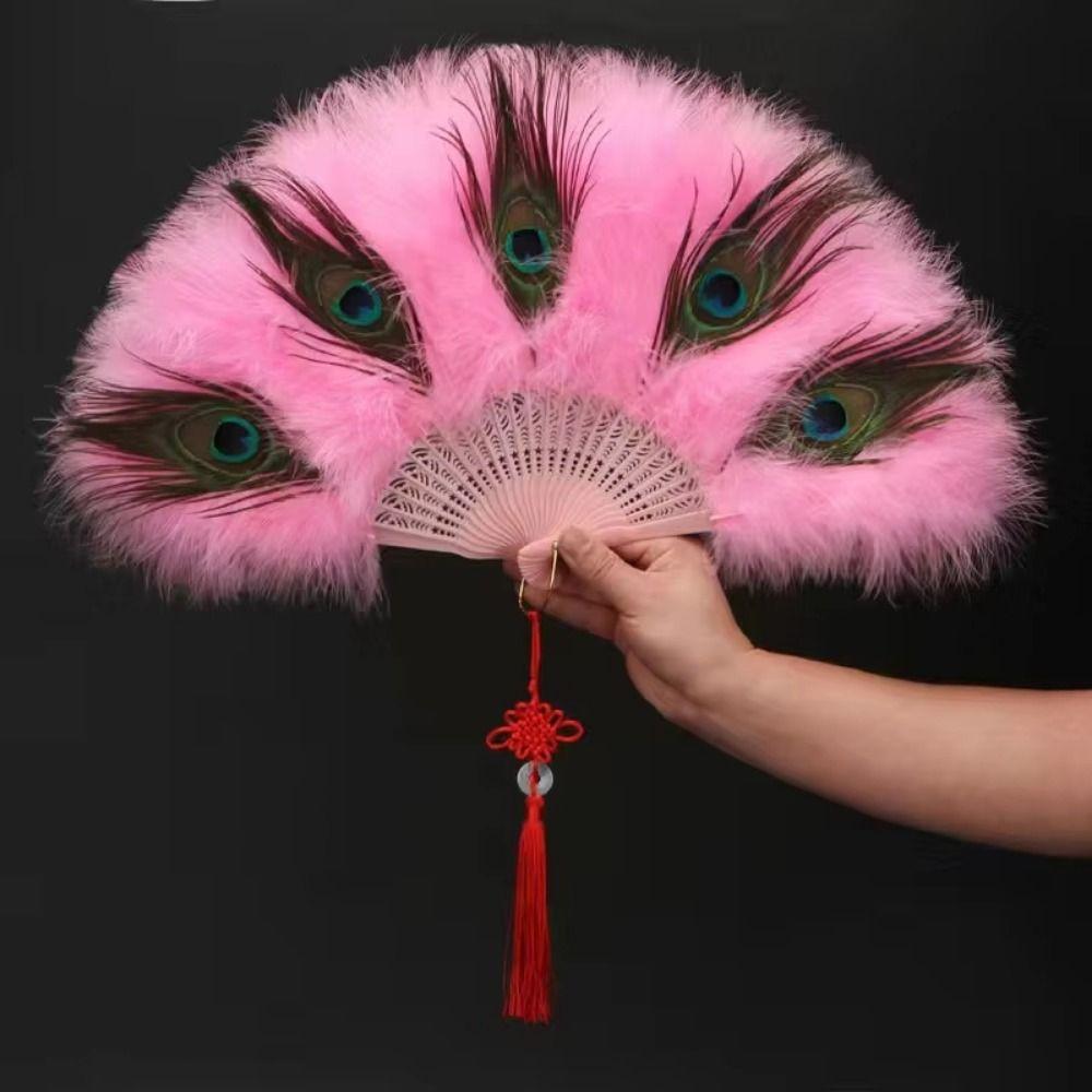 Handheld Peacock Feather Fan With Tassel Feather Dance Fan Folding Hand Fan Home Decoration
