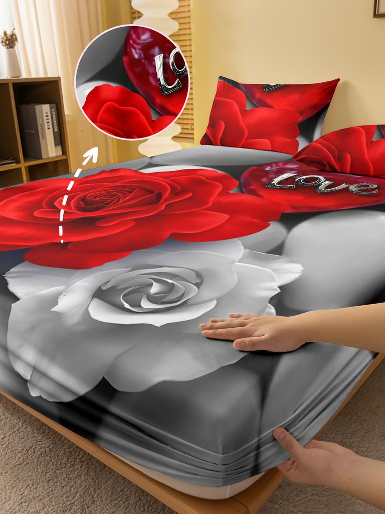 1 Simple modern Plant Flower Red Rose digital printed frosted Fitted Sheet,bedroom printed bed cover,bedding(No pillowcase)