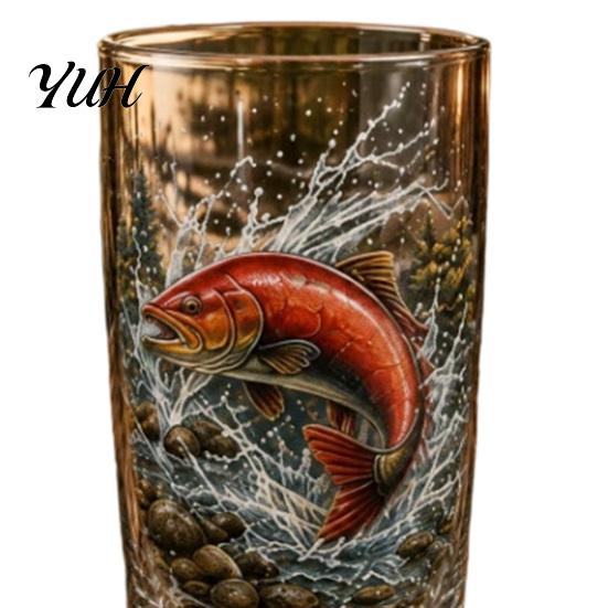 Mountain Scenery Cups Fishing Pint Glass Cup, Realistic Jumping Fish Pattern Design, Thickened Enthusiast Gifts Creative Cup for Outdoor Camping