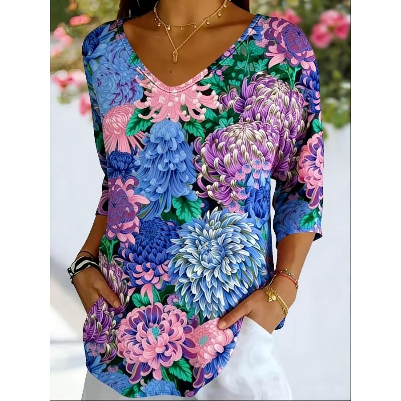 Plus Size Women's V-Neck Fashion Floral Print Loose Elegant Mid-Sleeve T-Shirt