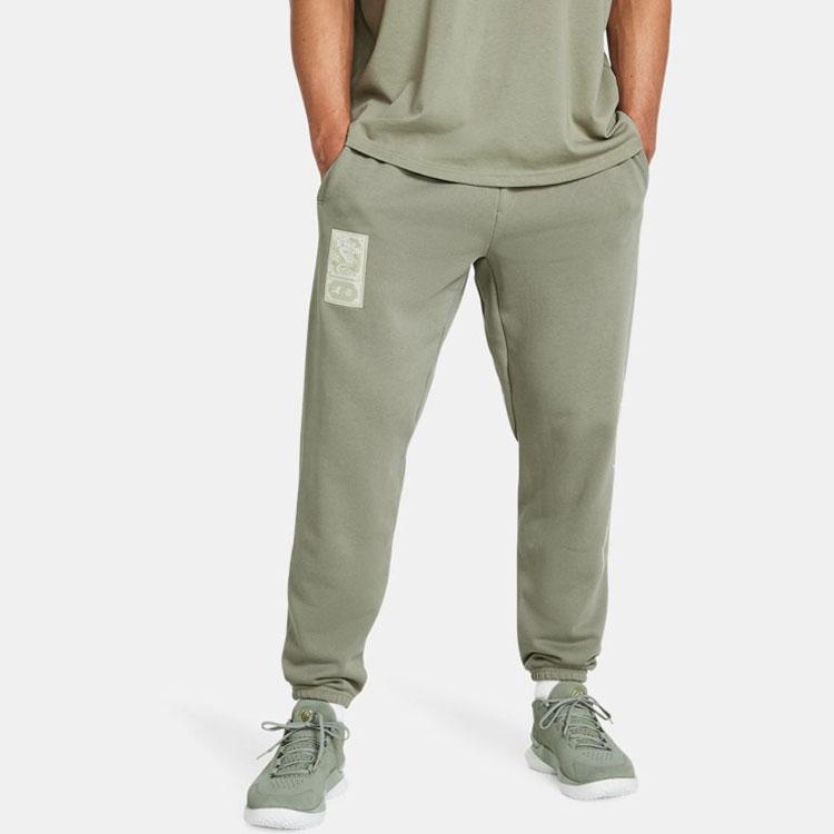 Under Armour Curry X Bruce Lee Collaboration SS24 Весенняя коллекция с напечатанным логотипом, зауженные длинные трикотажные спортивные брюки, мужские брюки, зеленые 1383111-504