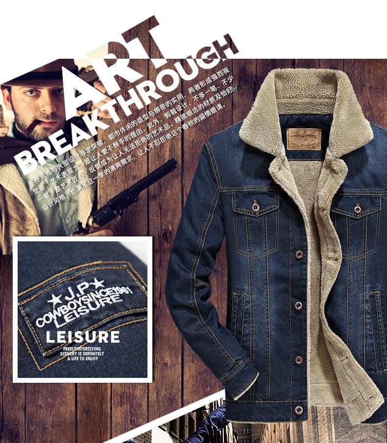 Мужская джинсовая куртка большого размера в американском стиле с бархатной подкладкой - Осень/Зима, Свободный крой, Много карманов, 7X