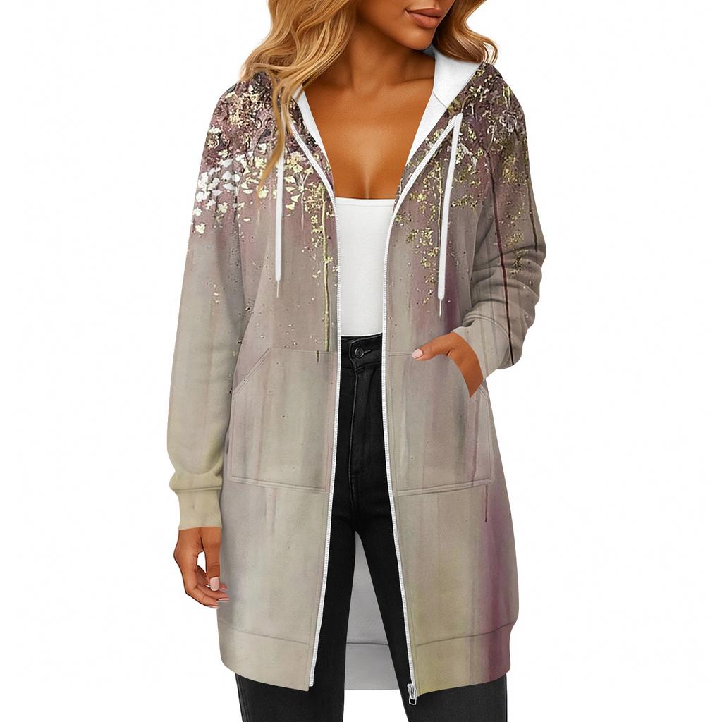 Women's Fashionable Printed Long Sleeved Drawstring Hooded Zipper Pocket Long Casual Sweatshirt Jacket