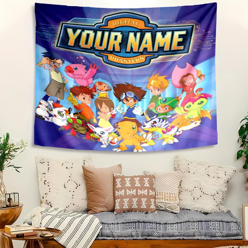 Personalized Name Digimon Tapestry, Wall Hanging Tapestry, Pattern Tapestry for Dorm Bedroom Living Room Wall Art Photography Backdrop