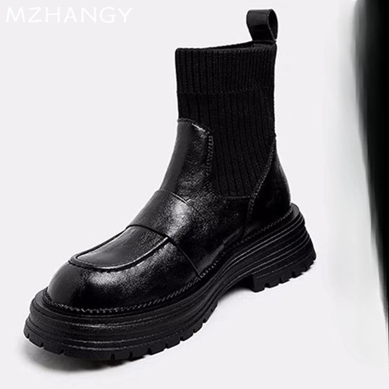 Women Leather Ankle Boots Knitting Flats Shoes Woman 2025 Trend Fashion Winter Dress Cozy Walking Warm Snow Boots Mujer Botas