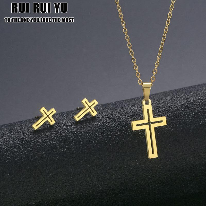 QQs Роскошное Очарование Панк Ожерелье Серьги Набор Для Женщин Любовника Мультфильм Крест Серебристый Цвет Подвеска Серьги Ожерелье Ювелирные Изделия