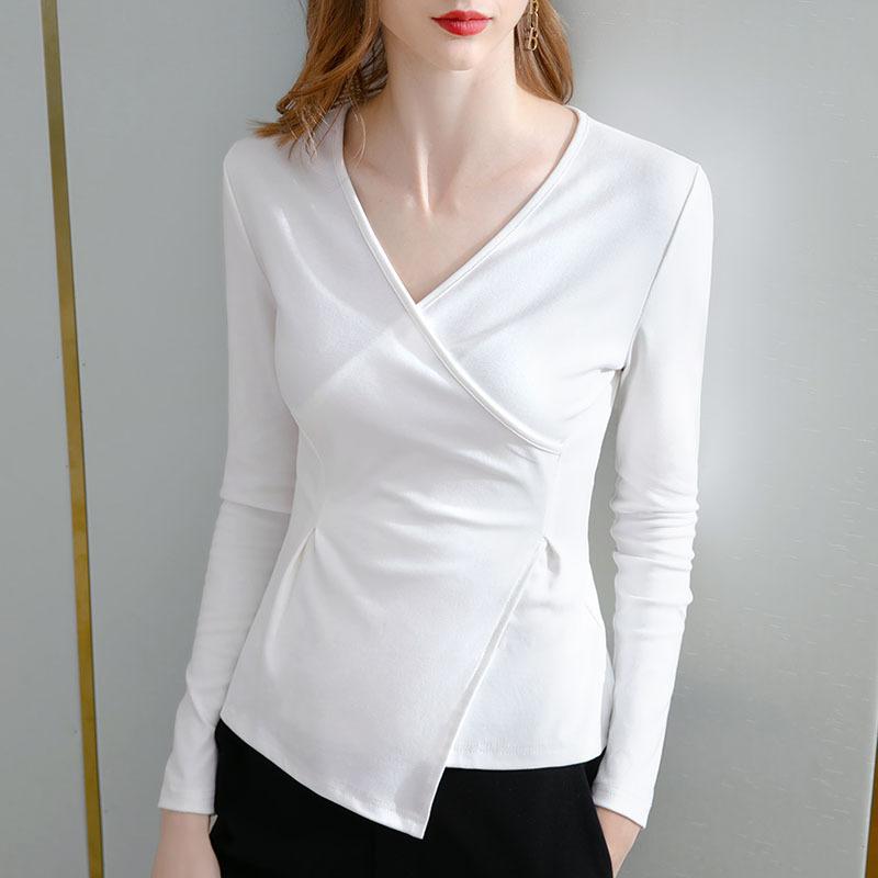 V -neck Base Shirt Women's Temperament Long -sleeved Long -sleeved T -shirt Irregular Design Sense Niche Top Elegant and Comfortable Women's T-Shirt