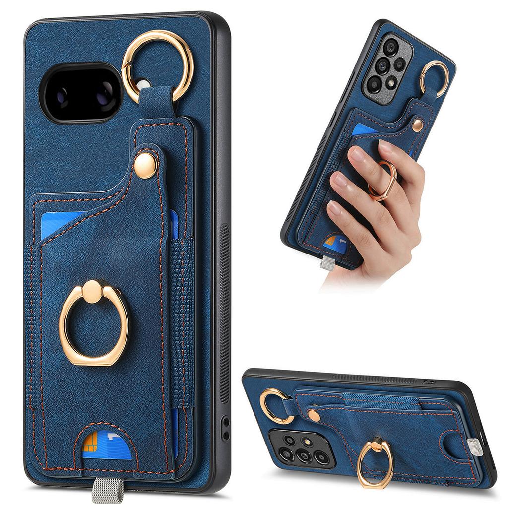 For Google Pixel 9a Retro Leather Phone Back Cover with Card Slots and Ring Holder