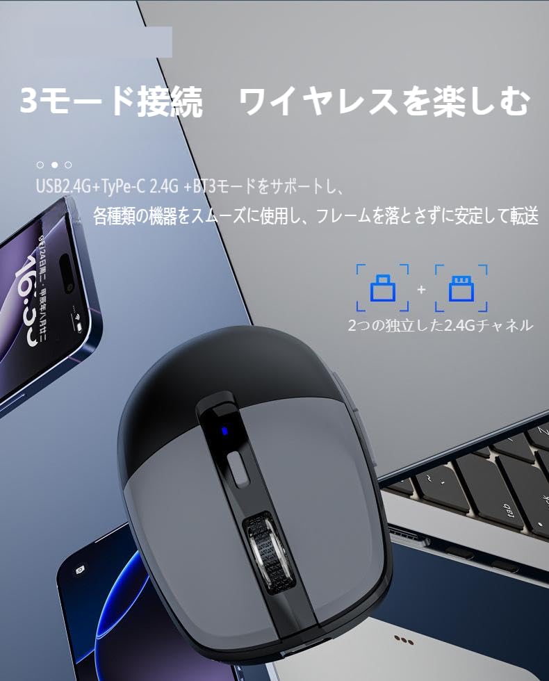 Беспроводная мышь, Подключается к 3 устройствам, 2,4G Bluetooth, USB Type-C приемник, Тихая, Легкая, 100016024003200 DPI, 6 кнопок (ВпередНазад),