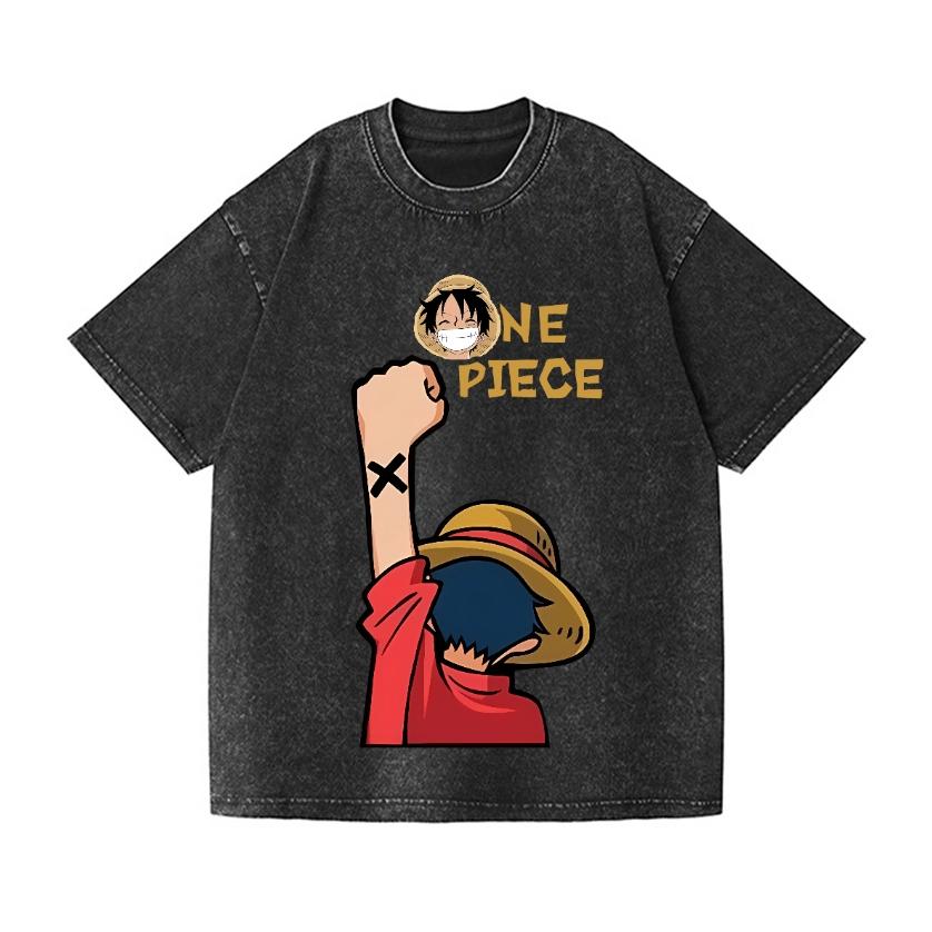 One Piece Luffy Vintage Wash Japanese Design T-Shirt High-quality Streetwear Men's Clothing 2026 Summer New Wash T Shirt