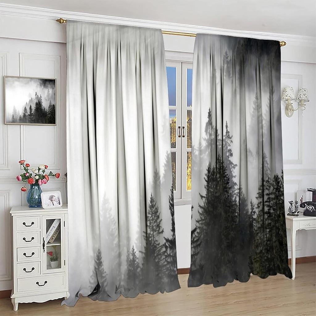 Шторы "Туманный Лес" Занавески для Окна Гостиной Спальни с Рисунком "Туманная Гора", Навесные на Штангу, Сосна, Природный Пейзаж, Искусство 42x63 дюйма(10