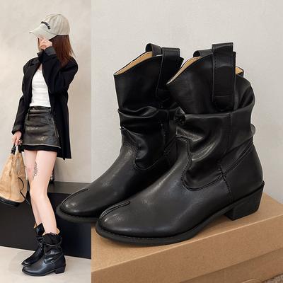 Версия из овчины~ женские ретро плиссированные ботфорты на танкетке, замшевые ботинки до середины голени в западном стиле, универсальные ботинки-мартин на толстом каблуке